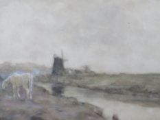HERBERT NYE (1885-1927). Impressionist river landscape with horse, windmill and farm buildings,