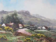 BARTRAM HILES (1872-1927). Rural hilly landscape with cottages by roadside 'A Surrey Hillside' see