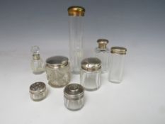 A COLLECTION OF HALLMARKED SILVER LIDDED VANITY JARS, tallest H 16 cm, together with a small