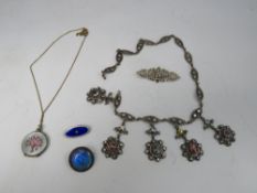 A COLLECTION OF VINTAGE COSTUME JEWELLERY, to include a guilloche enamel pendant locket, butterfly