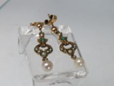 A PAIR OF 9CT GOLD VINTAGE STYLE SEED PEARL AND TURQUOISE SET EARRINGS, with pearl type dropper