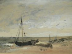 J, STANNARD. Stormy coastal scene with figure and beached fishing boats, signed with initials and