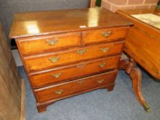 A 19TH CENTURY OAK CROSSBANDED CHEST OF SMALL PROPORTIONS, with two short above three longer