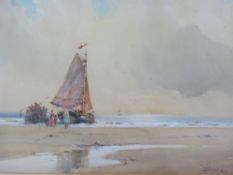 WILFRED KNOX (1884-1966). Coastal beach scene with fishing boats and figures 'Off With The Tide',