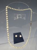 A SINGLE STRAND HAND KNOTTED GRADUATED PEARL NECKLACE WITH 9CT WHITE GOLD CLASP, the clasp set