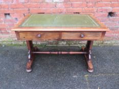 A 19TH CENTURY ROSEWOOD WRITING LIBRARY TABLE OF SMALL PROPORTIONS, having inset green leather