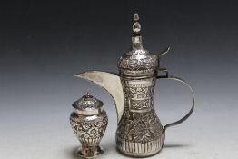 AN ARABIC WHITE METAL COFFEE POT, together with matching pot and cover, approx combined weight