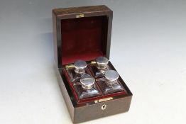 A FOUR BOTTLE SCENT BOX, with key, W 14 cmCondition Report:two stoppers stuck, one bottle top