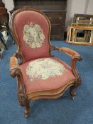 A VICTORIAN MAHOGANY OPEN GENTLEMAN'S ARMCHAIR, with needlepoint detail