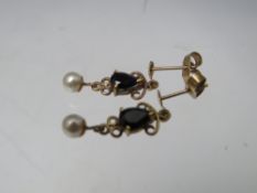 A PAIR OF 9CT GOLD SAPPHIRE EARRINGS, with pearl type dropper
