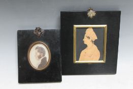 A GEORGIAN STYLE MINIATURE OF A GENTLEMAN, together with a framed image of a lady, H 15 cm