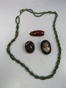 A VINTAGE BANDED AGATE BROOCH, together with a double twisted strand spinach jade type bead necklace