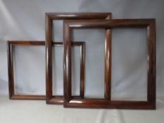 THREE 19TH CENTURY ROSEWOOD FRAMES, average frame W 6 cm, smallest rebate 70 x 53 cm, largest rebate