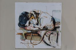 PHILIP E. STRETTON. An early 20th century study of a dog with whip and hat on a blanket 'Waiting for