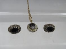 A 9CT GOLD SAPPHIRE AND DIAMOND PENDANT AND EARRINGS SET, approximately 4.6 g