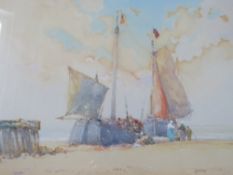 WILFRED KNOX (1884-1966). Coastal beach scene with figures and beached fishing boats 'Dutch