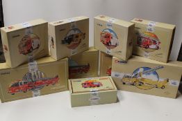 NINE BOXED CORGI FIRE ENGINES, to include an American La France aerial ladder truck x 2, aerial