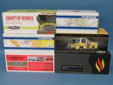 SIX BOXED 1:50 SCALE MODEL FIRE ENGINES, by Pierce, Kern County etc