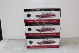 PRECISION MINIATURES - three 1959 boxed Cadillac superior crown royale ambulance, 1:18 scale