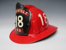 A RED PLASTIC US NASHVILLE FIRE DEPARTMENT TOPGARD HELMET BY MSA, with hand painted number 18 on