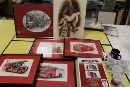 SIX FRAMED FIRE RELATED PICTURES, together with five fire related china mugs and a boxed Cityscape