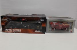 A HARLEY DAVIDSON 1940 FORD MODEL FIRE TRUCK, 1:16 scale, together with a 1:18 scale wooden motor