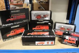 FIVE BOXED MINICHAMPS MAGIRUS DEUTZ MERKUR FIRE ENGINES, together with five other 1:43 scale