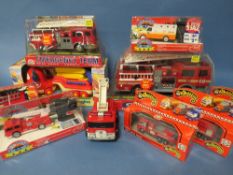 A BOX OF TEN PLASTIC FIRE RELATED VEHICLES, nine boxed / one loose, makes include Dickie, Funrise,