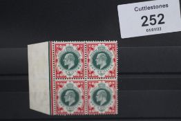S.G. 259 1/= DEEP DULL GREEN AND SCARLET, a left hand marginal block of 4, UN/M, lovely colour