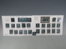 1841 2d BLUE, thirty copies including a strip of four, nicely written up on album leaf, 3/4 margin