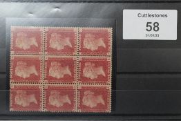 S.G.43 1864 1d RED, plate 99, an unmounted mint block of nine