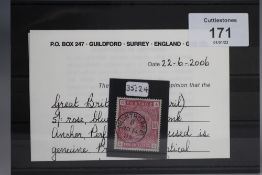 S.G. 176 1884 5/= ON BLUED PAPER, very fine, used with Milnthorpe NO 14 85 CDS, accompanying