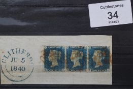 S.G. 6 1840 2d PALE BLUE, horizontal strip of three, cancelled by Clitheroe Duplex J. J. 5 1840 (