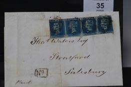 S.G.14 1841 2d BLUE, strip of four on entire to Salisbury