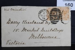 S.G. 156 1876 8d PAIR, on cover, London to Melbourne endorsed via Brindisi, London duplex and
