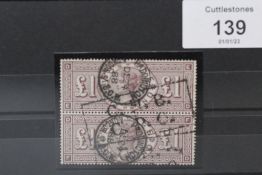 S.G. 186 1883 £1 BROWN LILAC, a vertical pair, FU, watermark orbs