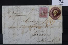 S.G. 60 1847 6d, embossed, together with 4D carmine on blued, glazed paper, London to Turin