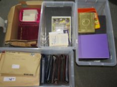 A LARGE QUANTITY OF F.D.C.'S AND EPHEMERA IN THREE PLASTIC CRATES AND A BOX, much formula 1