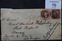 S.G. 8, S.G. 57 10d EMBOSSED AND 1d RED BROWN, on SP.29, 1853 cover, London to Switzerland, the