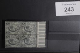 S.G. 249a 1910 7d DEEP GREY - BLACK, bottom marginal block of 4, fine used