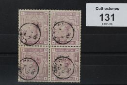 S.G. 178 1883 2/6 LILAC, a FU block of four, with London (19)00 cancels
