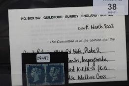 S.G. 4 1840 2d BLUE, horizontal pair, margins clear (close in places), cancelled by blue Maltese