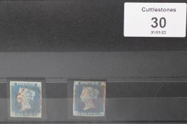 S.G.4 1840 2d BLUE PLATES, 1 and 2 FU with red Maltese Cross cancels