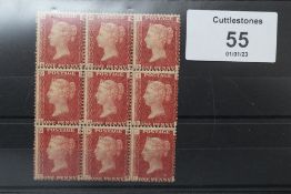 S.G. 44 1D RED, plate 124, a block of 9, fine mint