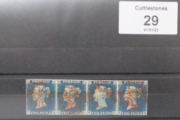 S.G. 4 1840 2d BLUE PLATE 2, a horizontal strip of four margins, virtually clear all round (