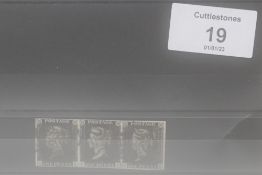 S.G. 1 1840 1d BLACK, strip of three with margins all round and black Maltese Cross cancels