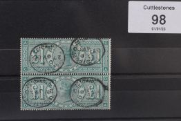 S.G.212 1897 £1 GREEN, a vertical pair with small oval registered cancels