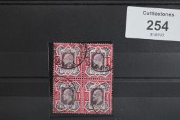 S.G. 254b KING EDWARD 10d DULL PURPLE AND CARMINE, a CDS used block of four, July 17th 1911