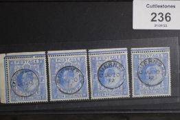 S.G. 319 KING EDWARD 10/= BLUE, four copies with identical GUERNSEY STEEL CDS's (once a single