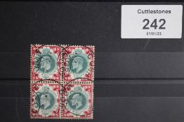S.G. 257a 1905 1/= DULL GREEN AND CARMINE, a superb used block of 4